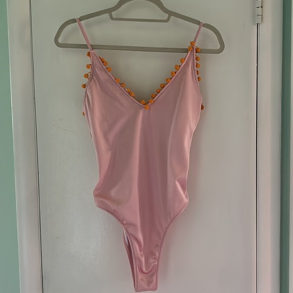 Light Pink Bodysuit with Orange Pompom Trim - Picture 2 of 4